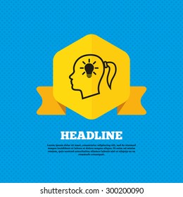 Head with lamp bulb sign icon. Female woman human head idea with pigtail symbol. Yellow label tag. Circles seamless pattern on back. Vector