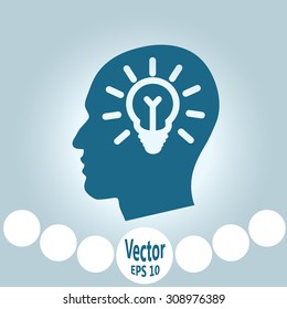 Head with lamp bulb sign icon. 