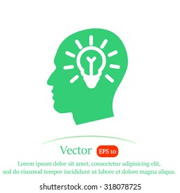 Head with lamp bulb sign icon. 