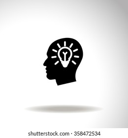 Head with lamp bulb sign icon. 