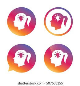 Head with lamp bulb sign icon. Female woman head.