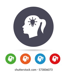 Head with lamp bulb sign icon. Female woman human head idea with pigtail symbol. Round colourful buttons with flat icons. Vector