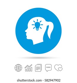 Head with lamp bulb sign icon. Female woman human head idea with pigtail symbol. Copy files, chat speech bubble and chart web icons. Vector
