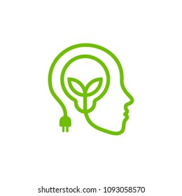 Head with lamp and leaves, green linear logo. Renewable energy symbol. 