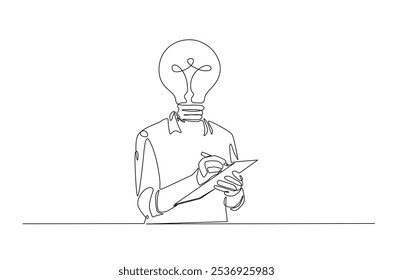 Head lamp person replace with bulb lamp writing notes continuous one line drawing. Creative person with head lamp making notes in single line art illustration. Editable vector.  