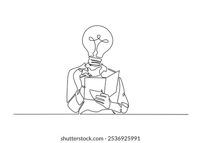 Head lamp person replace with bulb lamp writing notes continuous one line drawing. Creative person with head lamp making notes in single line art illustration. Editable vector.  