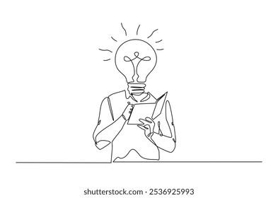Head lamp person replace with bulb lamp writing notes continuous one line drawing. Creative person with head lamp making notes in single line art illustration. Editable vector.  