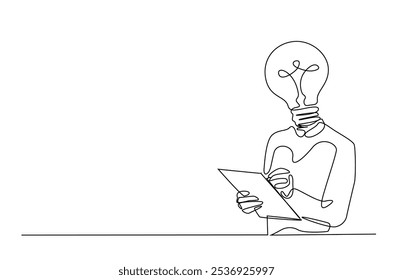 Head lamp person replace with bulb lamp writing notes continuous one line drawing. Creative person with head lamp making notes in single line art illustration. Editable vector.  