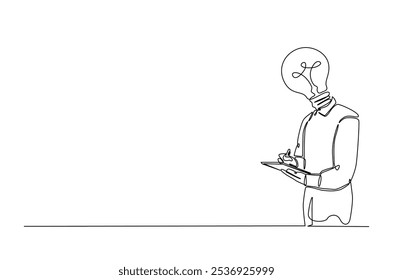 Head lamp person replace with bulb lamp writing notes continuous one line drawing. Creative person with head lamp making notes in single line art illustration. Editable vector.  