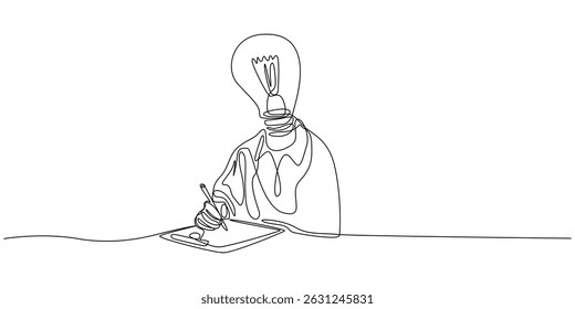 Head lamp person replace with bulb lamp writing notes continuous one line drawing, Head lamp person replace with bulb lamp writing notes continuous one line drawing. Creative person with head