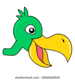 the head of a large beaked pelican is laughing happily, vector illustration carton emoticon. doodle icon drawing