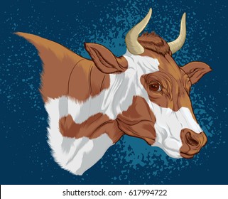 Head of a large domestic ungulate with red spots. Piebald cow of Holstein Friesian breed on a blue background. Painted illustration of a cattle, emblem for milk packaging or meat and dairy products.