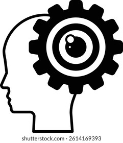 A head with a large eye and a gear in the middle