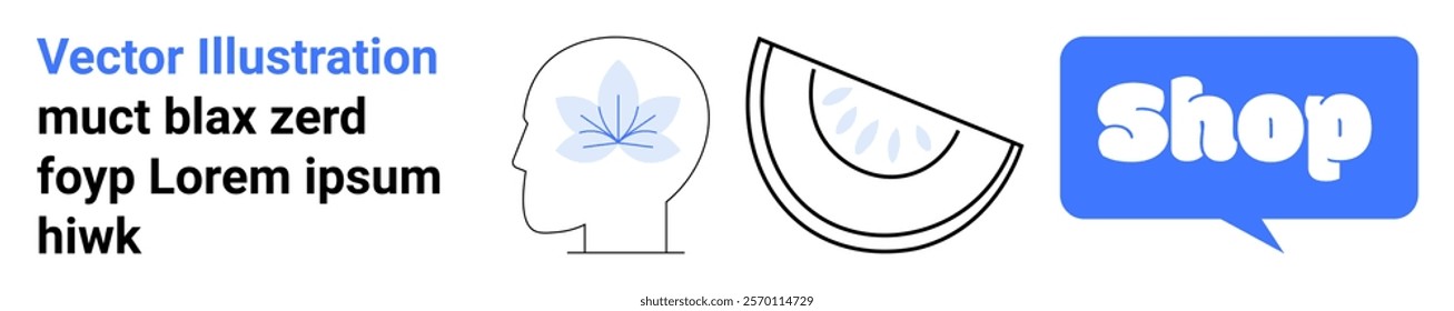Head with a leaf symbol, a piece of watermelon, and a speech bubble with the word Shop. Ideal for wellness, nutrition, mental health, e-commerce, and digital communication. Banner for landing page