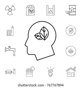head leaves, green mind icon. Set of ecology sign icons. Signs, outline eco collection, simple thin line icons for websites, web design, mobile app, info graphics on white background