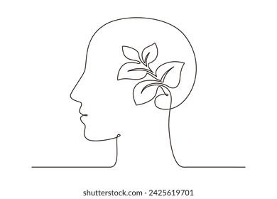 Head with leaves inside continuous one line symbol drawing. Mental health, self care concept icon in linear style. Continuous line vector illustration