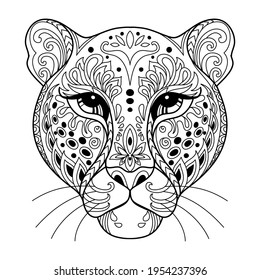 Head of leopard. Abstract vector contour illustration isolated on white background. For adult anti stress coloring book page with doodle and zentangle elements, design, print, decor, tattoo, t-shirt.