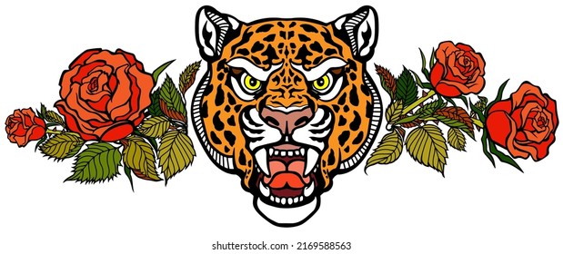 La cabeza del leopardo y las rosas florecientes. Una pantera enfurecida y con manchas rojas. Vista frontal. Ilustración vectorial de estilo Tatto