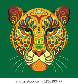 Head of leopard with doodle and zentangle elements. Abstract vector colorful illustration isolated on green background. For design, print,decor, tattoo, t-shirt, puzzle, poster, porcelain and stickers