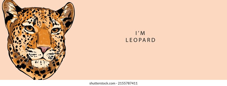 The head of a leopard looks seriously to the side on a beige background with the text inscription I'm leopard  . Vector illustration