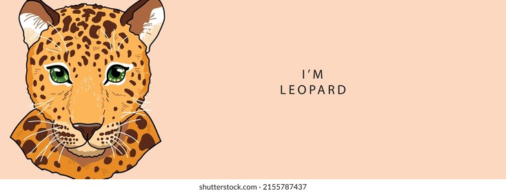 La cabeza de un leopardo se ve seriamente en un lado de fondo beige con la inscripción de texto I'm leopard . Ilustración del vector