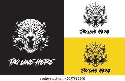 head of leopard and rose flower vector illustration design black and white