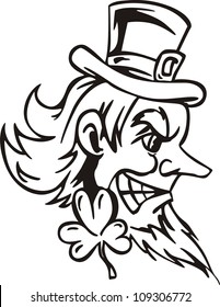 Head of Leprechaun. Black and white vector illustration.