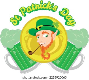 Head of a leprechaun smoking with a gold coin behind him, in the background 2 mugs of green beers with the sign St Patrick's Day
