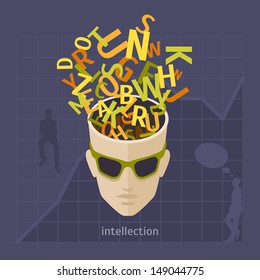 Head with the letters. Vector illustration of the process of thinking
