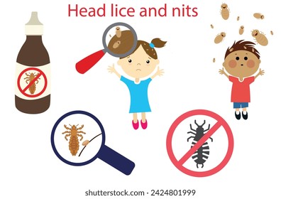 Head lice and nits,tiny insects that live in hair,the empty egg cases attached to hair,itchy scalp,child with lice,Boy,girl and child, girl with lice on her head. Vector illustration,Lice and children