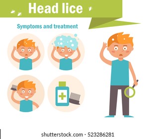 Head lice. Symptoms and treatment. Vector. Cartoon character. Isolated. Flat.