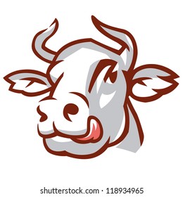 Head of Licking Cow. Stylized Drawing. Vector Illustration