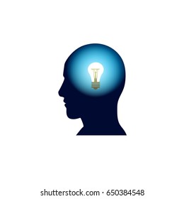 Head With Light Bulb In Brain, Brainstorm Thinking New Idea Concept Icon Flat Vector Illustration