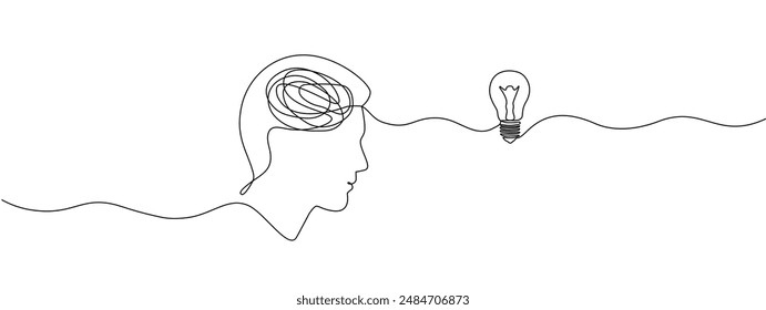 A head with a light bulb drawn in one continuous line. Concept of thinking, education, psychology. Vector editable line illustration