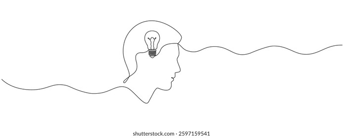 Head with a light bulb drawn in one continuous line. The concept of thinking, education, psychology. Vector editable illustration