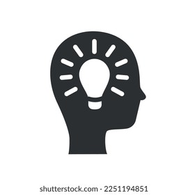 Head with light bulb icon. Creative personality with idea, insight and brainstorming. Entrepreneur with business project or start up. Economy, investment and trading. Cartoon flat vector illustration