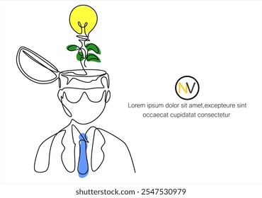 Head with a light bulb icon line continuous drawing vector. One line Light head icon vector background. The idea is a light bulb in the head icon. Continuous outline of a light bulb icon.