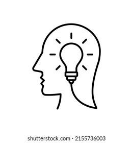 Head with Light Bulb icon - vector. Idea line icon. Creative sign. Head and Bulb symbol. Outline style. Isolated. Editable stroke. Vector illustration