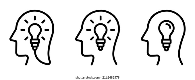 Head with Light Bulb icon - vector set. Idea line icons.  Head and Bulb symbol. Isolated. Editable stroke. Vector illustration