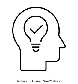 Cabeza con un icono de línea de bombilla. Pensamiento Creativo e Innovación. ideas brillantes, lluvia de ideas, energía mental, resolución de problemas, inteligencia e inspiración cognitiva. Ilustración vectorial. 