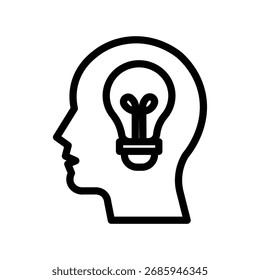Cabeza con el icono de la línea de la bombilla, concepto creativo del pensamiento y de la innovación, estilo simple del contorno en el fondo blanco