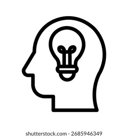Cabeza con el icono de la línea de la bombilla, concepto creativo del pensamiento y de la innovación, estilo simple del contorno en el fondo blanco