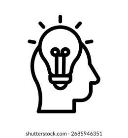 Head with light bulb line icon, creative thinking and innovation concept, simple outline style on white background