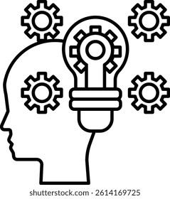 A head with a light bulb in the middle surrounded by gears