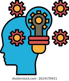 A head with a light bulb in the middle surrounded by gears. Concept of creativity and innovation