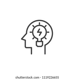 Head with light bulb outline icon. linear style sign for mobile concept and web design. Lamp in head simple line vector icon. Creativity symbol, logo illustration. Pixel perfect vector graphics
