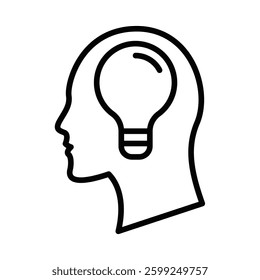 Head with light bulb, symbol of idea and innovation. Vector icon. Editable stroke.
