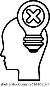 A head with a light bulb and an X over it