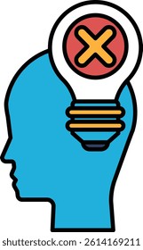 A head with a light bulb and an X over it. The X is red and yellow. The head is blue