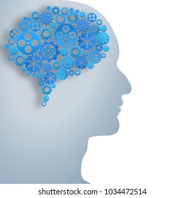 Head and light gear brain on blue and white background as business, science,intelligence idea, paper carve art and craft style concept. vector illustration.